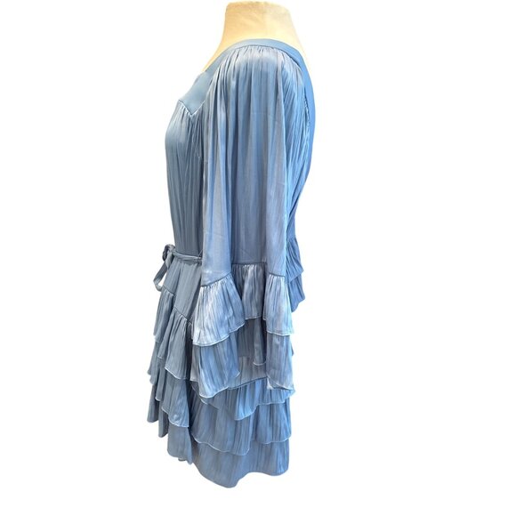 Free People Blue Ruffled Mini Dress With Tie Waist & Bell Sleeves - Size L - Picture 2 of 8